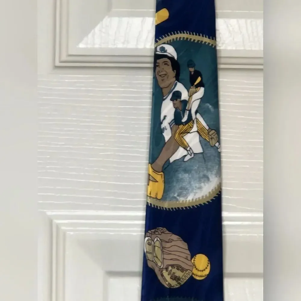 Paris Moderns Paris Design Baseball Print Navy Blue Mlticlrd 100% SILK Neck Tie